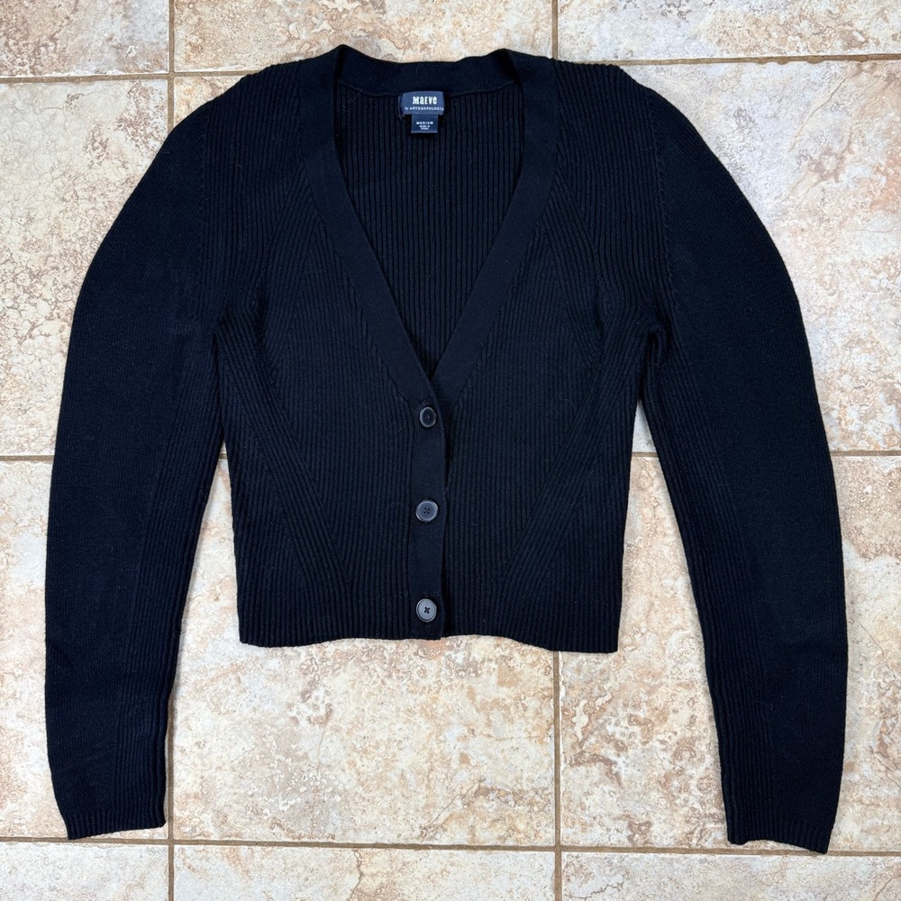 Maeve by Anthropologie Black Ribbed Button-Up Cropped Women's Sweater